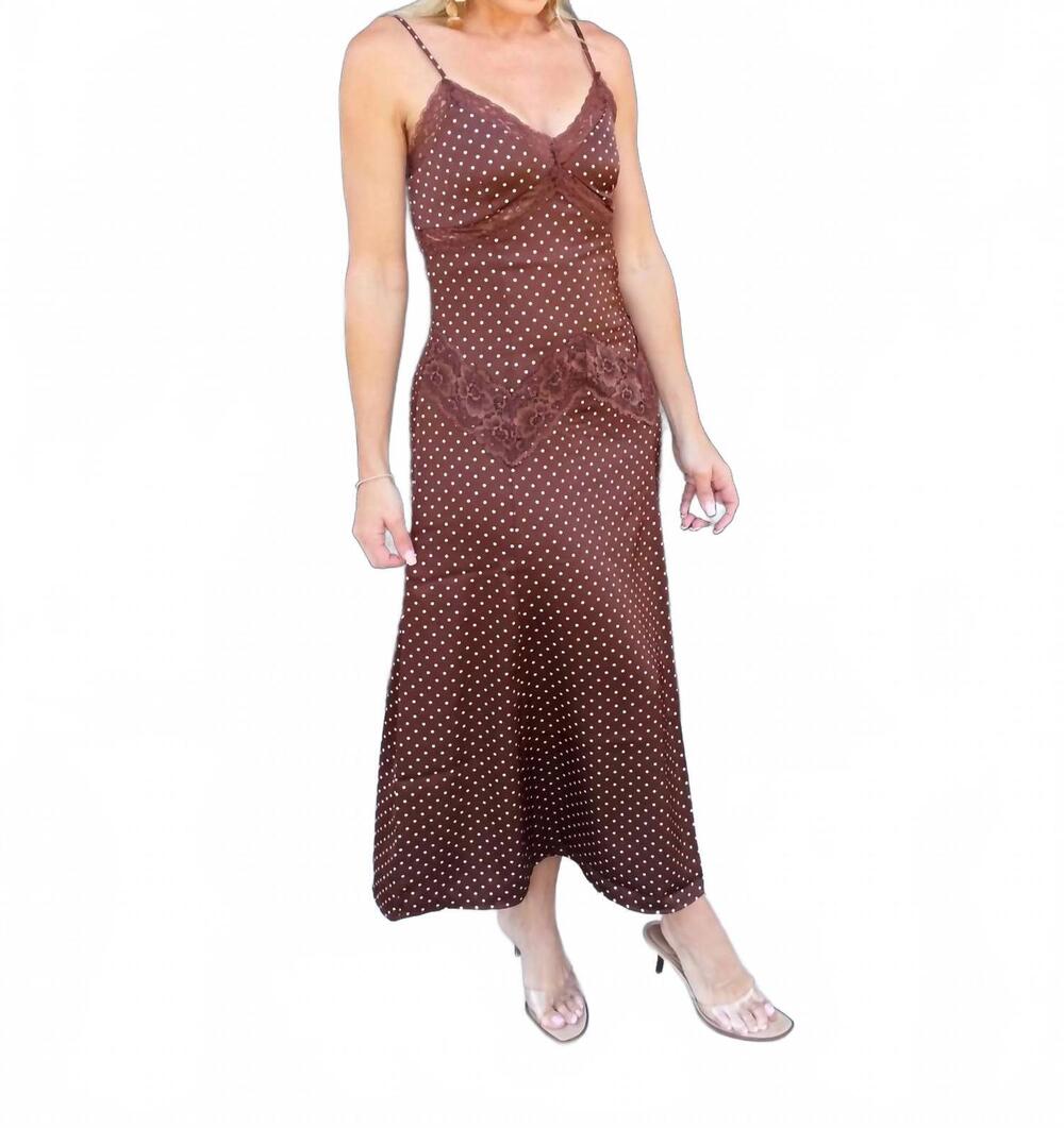 NEW BLU PEPPER women's satin cami polka dot maxi dress in brown